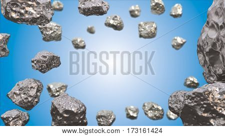 Abstract background in the space with silver asteroids. Copyspace empthy area. Can be used as a decorative greeting grungy or postcard framing for your design or text . 3d illustration.