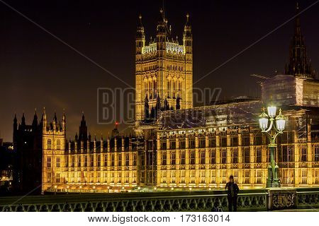 Houses of Parliament Westminster Bridge Night Westminster London England. Built in the 1800s House of Commons and House of Lords.