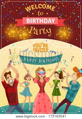 Birthday party announcement invitation card or poster  with sparklers bowers and joyful young people celebrating vector illustration