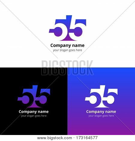 55 logo icon flat and vector design template. Monogram numbers five. Logotype fifty-five with violet-blue gradient color. Creative vision concept logo, elements, sign, symbol for card, brand, banners.