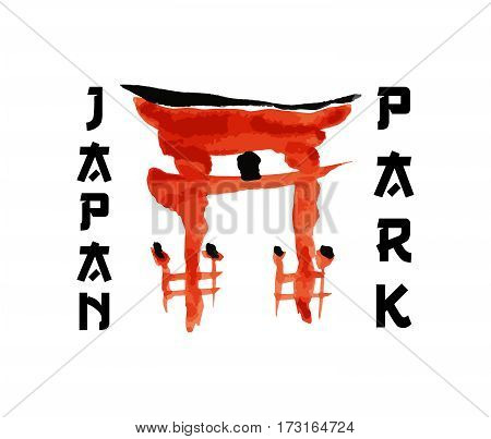 Asian gate, building symbol in traditional japanese sumi-e style. Vector red sign, hieroglypgs Japan Park design