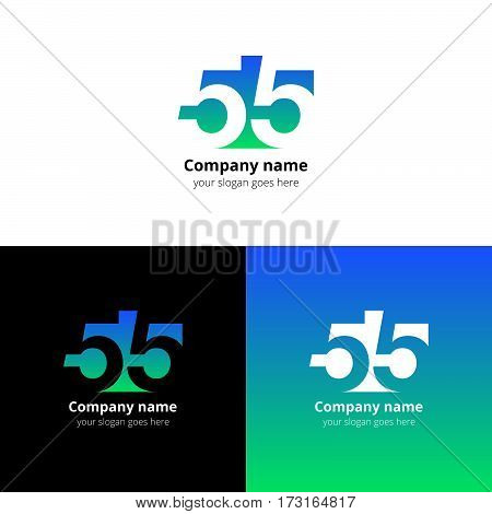 55 logo icon flat and vector design template. Monogram numbers five. Logotype fifty-five with green-blue gradient color. Creative vision concept logo, elements, sign, symbol for card, brand, banners.