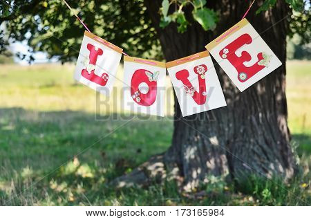 The word love from red letters hanging on the big tree in the summer