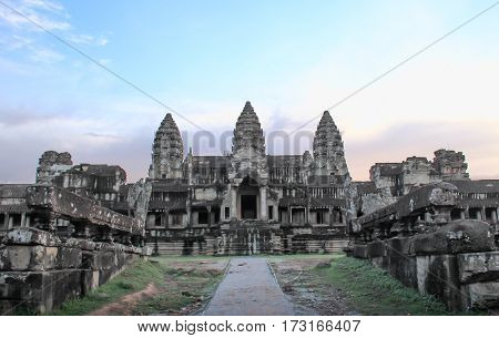 Angkor Wat part of Khmer temple complex popular among tourists ancient landmark and place of worship in Southeast Asia. Siem Reap Cambodia.