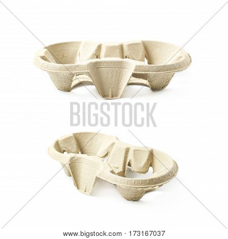 Pressed cardboard paper double cup holder isolated over the white background, set of two different foreshortenings