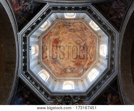 ROME, ITALY - SEPTEMBER 02: The fresco Our Lady in Glory by Raffaele Vanni in cupola of Church of Santa Maria del Popolo, Rome, Italy on September 02, 2016.