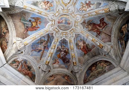 ROME, ITALY - SEPTEMBER 02: Fresco on the ceiling of Cybo-Soderini Chapel in Church of Santa Maria del Popolo, Rome, Italy on September 02, 2016.