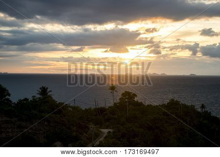 Panoramic sunset by the sea from island Koh Phangan with Ang Thong Marine Park in background Thailand