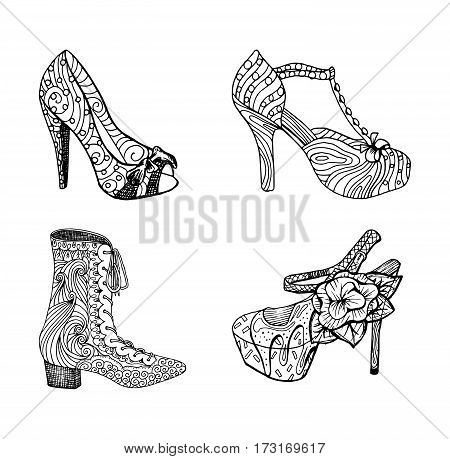 High-heeled shoes set for woman. Fashion footwear artwork in blackblack style pattern fill. Isolated clipart for coloring book pages design