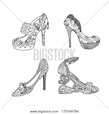 High-heeled shoes set for woman. Fashion footwear artwork in blackblack style pattern fill. Isolated clipart for coloring book pages design