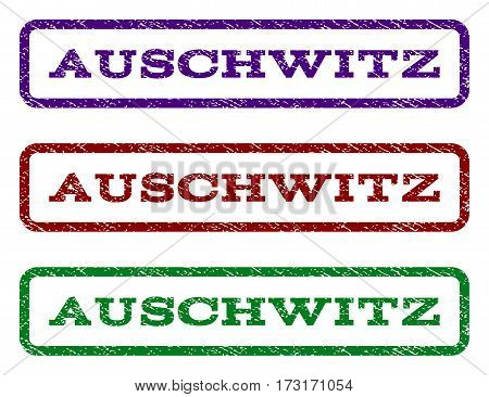 Auschwitz watermark stamp. Text caption inside rounded rectangle with grunge design style. Vector variants are indigo blue red green ink colors. Rubber seal stamp with unclean texture.