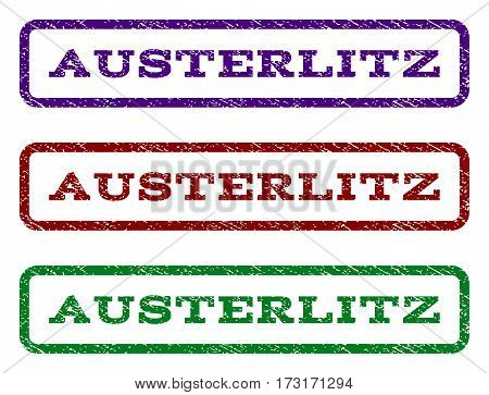Austerlitz watermark stamp. Text caption inside rounded rectangle with grunge design style. Vector variants are indigo blue red green ink colors. Rubber seal stamp with scratched texture.