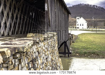 February 26 2016: Goddard Kentucky - Goddard White Bridge the only surviving example of Ithiel Town Lattice design in Kentucky. The timbers are joined with wooden pegs.