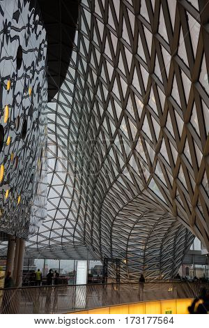 FRAKFURT ON MAIN, GERMANY - NOVEMBER 01, 2016: The interior of MyZeil shopping center in Frankfurt. It's been designed by Massimiliano Fuksas