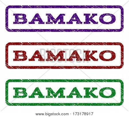 Bamako watermark stamp. Text tag inside rounded rectangle with grunge design style. Vector variants are indigo blue red green ink colors. Rubber seal stamp with dust texture.