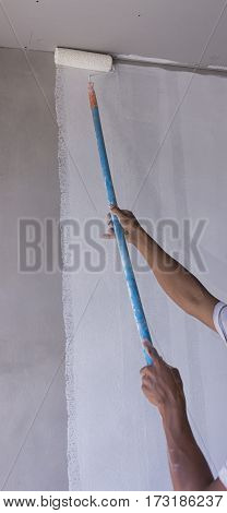 Panting white color on paster wall with paddle roller