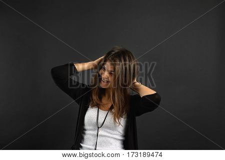 Portrait of funny brunette. Laughing emotion on woman face. Girl have a good day. Perfect morning mood. Happy concept of pretty girl.