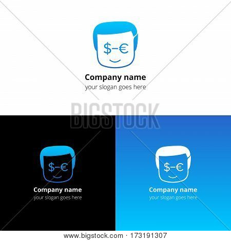 User, man, human people head with money icon in eyes. Logo, icon, sign, emblem vector template. Abstract symbol and button with gradient for business, bank, pay conversation firm or service company.