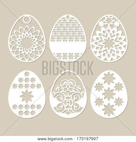 Set stencil easter eggs with carved openwork pattern. Image suitable for laser cutting. Image suitable for plotter and laser cutting or printing