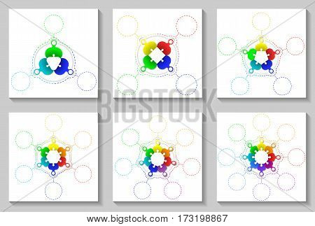 Set of sircle infographic templates 3-8 steps and central element. Colorful parts on white background puzzle elements. For presentation and design concept. Vector illustration.