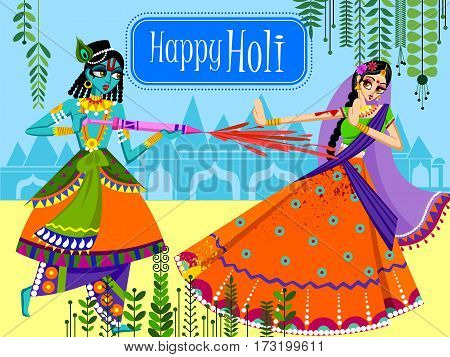 Vector design of Indian God Krishna and Radha celebrating color festival of India Holi