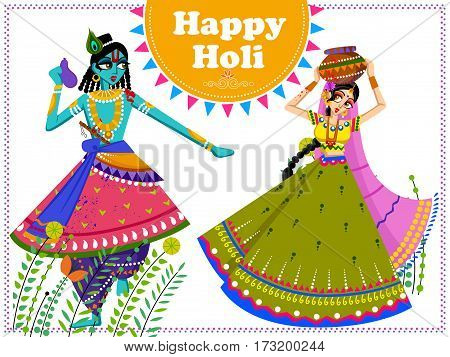Vector design of Indian God Krishna and Radha celebrating color festival of India Holi