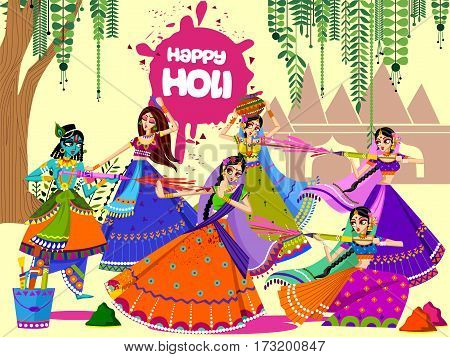 Vector design of Indian God Krishna and Radha celebrating color festival of India Holi