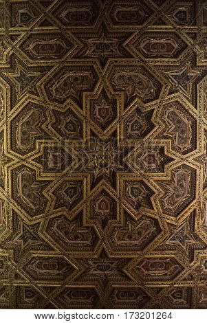 TOLEDO SPAIN - FEBRUARY 8 2017: A ceiling of the Primate Cathedral of Saint Mary of Toledo decorated with mudejar style elements and geometry figures Castilla-La Mancha Spain.
