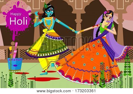 Vector design of Indian God Krishna and Radha celebrating color festival of India Holi