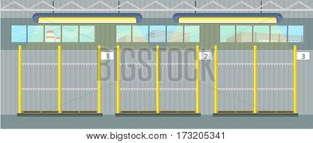 Empty pallet in warehouse interior. Shelves for goods with personal numbers. Logistic and factory. Business delivery. Waiting for the cargo delivering into the storage. Vector illustration