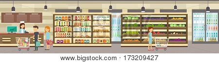 Supermarket store with goods. Big shopping center. Interior store inside. People in line at cash desk. Scene inside shopping mall.
