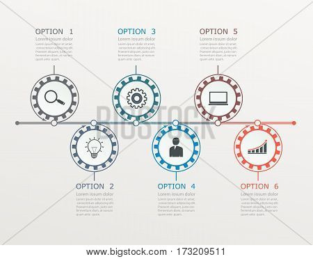 Timeline, infographics template with stepwise structure with 6 options. Business data, elements infographics.