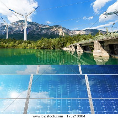 Renewable Energy - Sunlight with solar panel. Wind with wind turbines (3d illustration). Water with dam for hydropower