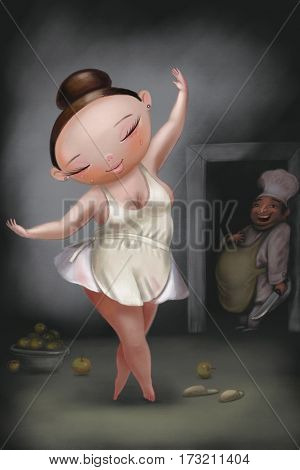 illustration with kook woman wants to be ballerina. follow your dreams.