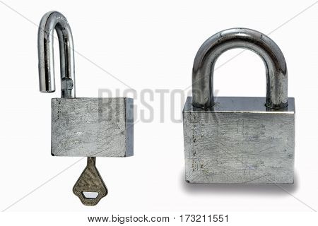 Old Master Key Rusty And Key Lock On White Background