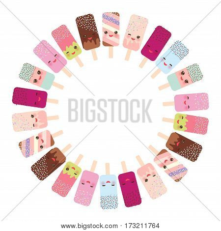 round frame for text ice cream ice lolly Kawaii with pink cheeks and winking eyes pastel colors on white background. Vector illustration