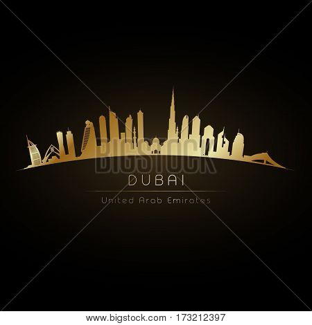 Golden logo Dubai UAE city skyline. Vector silhouette illustration