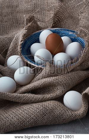 Ecological natural fresh eggs collected in the plate for cooking