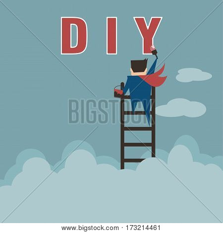 Business man climbing stairs to paint D I Y for his job, flat vector design.