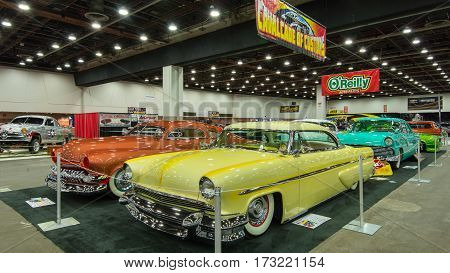 DETROIT MI/USA - February 24 2017: 1955 Lincoln on display in the Cavalcade of Customs at the Detroit Autorama hot rod show.