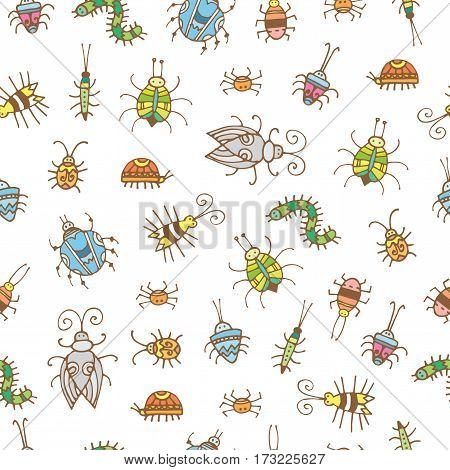 Seamless pattern with cute cartoon colorful beetles on  white  background. Various insects and bugs. Vector contour image. Doodle style.
