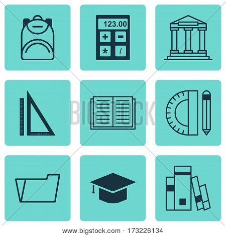 Set Of 9 Education Icons. Includes Haversack, Education Tools, Library And Other Symbols. Beautiful Design Elements.
