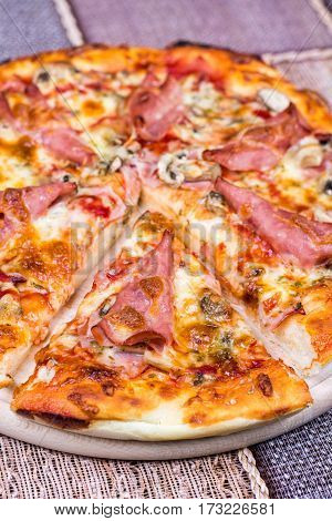 Flay Lay View Pizza With Ham Cheese Mushrooms