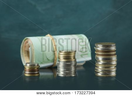 Background of banknotes. Euro banknotes 50 fifty. Money background