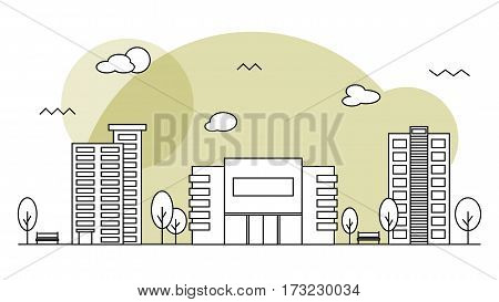 Modern street scenery. Outline flat design style. Residential district with building of bank, cinema or market, trees and houses