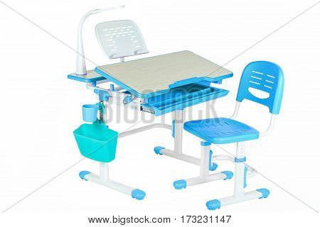 Classical blue chair school table and blue basket on the white isolated background.