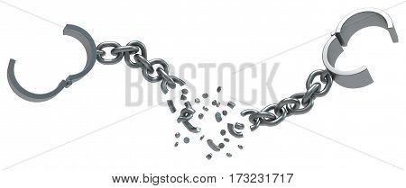 Shackles breaking chain dark metal 3d illustration isolated horizontal over white