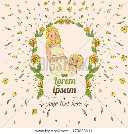 pregnant woman with a child among sunflowers