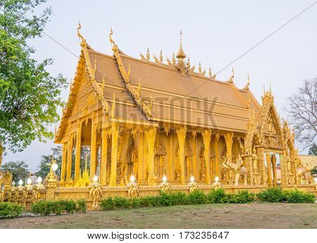 Wat Paknam Joelo Architecture Temple All Gold Color And Evenings Sky At Bangkla, Chachoengsao, Thail