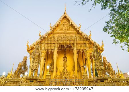 Wat Paknam Joelo Architecture Temple All Gold Color And Evenings Sky At Bangkla, Chachoengsao, Thail